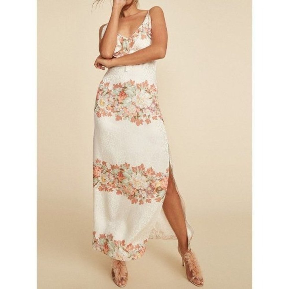 LPA Silk Dress Floral Leopard Ivory Slit Maxi Extra Small XS